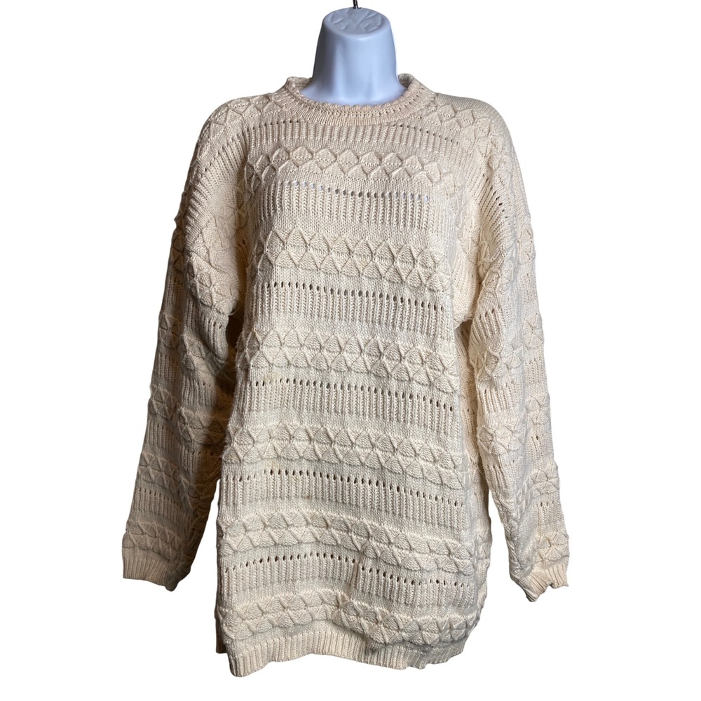 Vintage Womens Chunky Cable Knit Diamond Pattern Sweater Sz M Oversized Slouchy